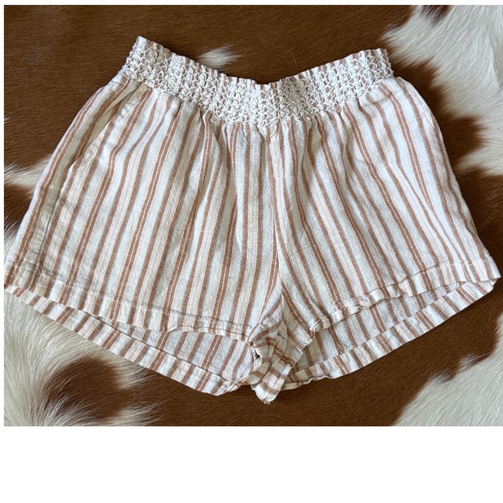 Linen White Beige Pink Striped Smocked Waist Shorts Boho Summer Beach Casual Sm - Picture 2 of 8